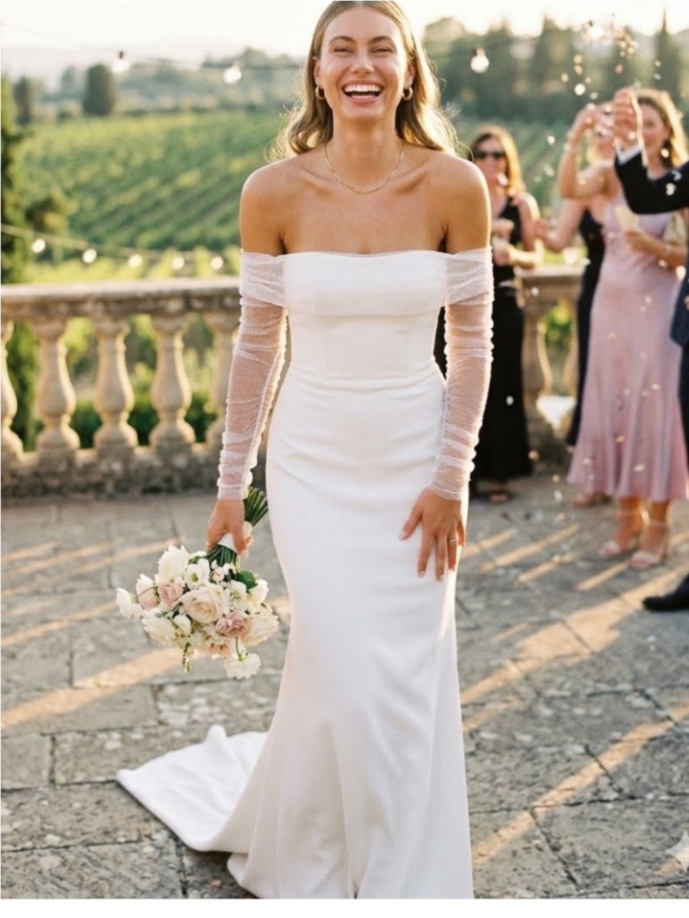 New Beautifully Beloved Lulu's White Sheer-Sleeve Wedding Gown Sz Medium